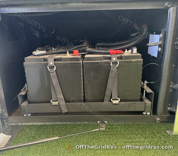 Factory 6V AGM battery bank in a 2022 Newmar New Aire before the conversion